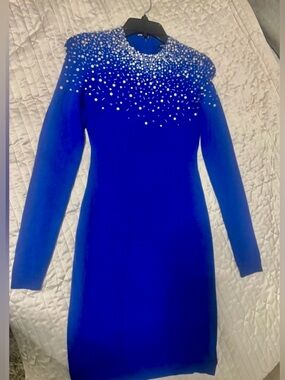 Marciano Royal Blue Long-Sleeve Dress with Crystal Embellishment